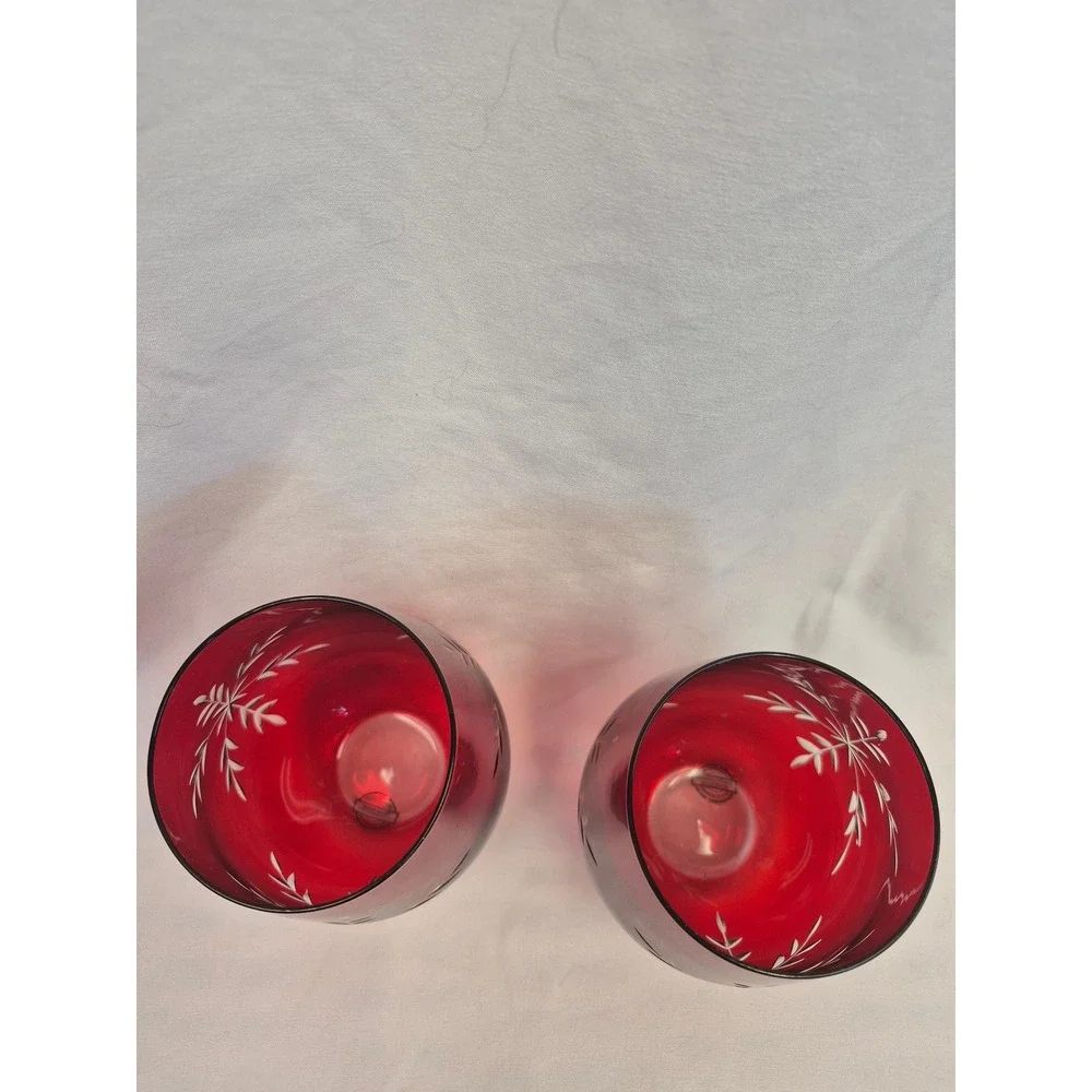 Set of 2 Ruby Red Cut Snowflake Stemless Wine Glasses Handmade Holiday Christmas